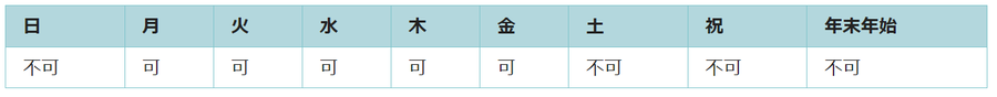 利用可能日は月曜日、火曜日、水曜日、木曜日、金曜日です。祝日と年末年始は利用できません。