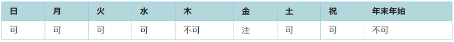 利用可能日は木曜日と年末年始を除くすべての日です。木曜日に祝日が重なった場合は翌日の金曜日も利用できません。