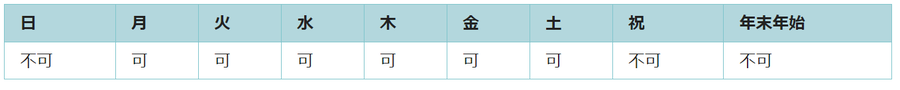 利用可能日は月曜日、火曜日、水曜日、木曜日、金曜日、土曜日です。祝日と年末年始は利用できません。