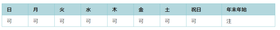 利用可能日は12月29日（ただし日曜日と重なる場合は利用可）と1月1日を除くすべての日です。