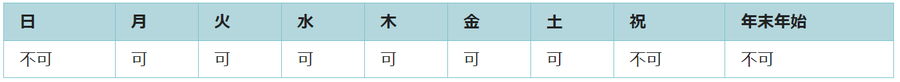 利用可能日は月曜日、火曜日、水曜日、木曜日、金曜日、土曜日です。祝日と年末年始は利用できません。