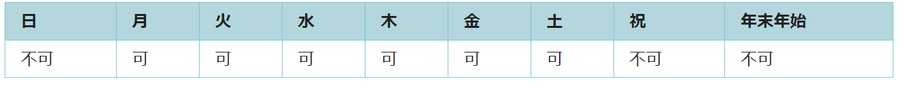 利用可能日は月曜日、火曜日、水曜日、木曜日、金曜日、土曜日です。祝日と年末年始は利用できません。