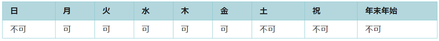 利用可能日は月曜日、火曜日、水曜日、木曜日、金曜日です。祝日と年末年始は利用できません。