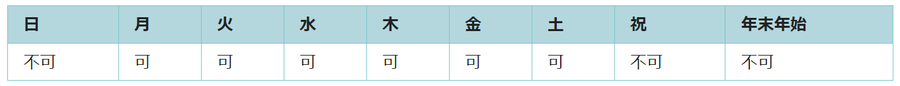 利用可能日は月曜日、火曜日、水曜日、木曜日、金曜日、土曜日です。祝日と年末年始は利用できません。