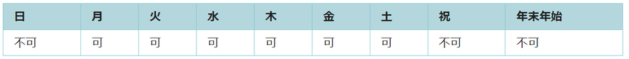 利用可能日は月曜日、火曜日、水曜日、木曜日、金曜日、土曜日です。祝日と年末年始は利用できません。
