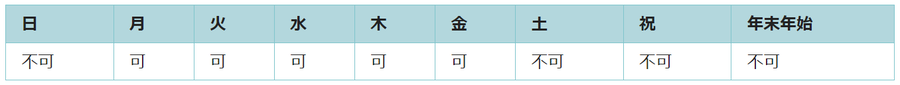 利用可能日は月曜日、火曜日、水曜日、木曜日、金曜日です。祝日と年末年始は利用できません。