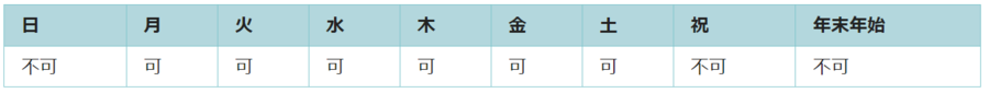 利用可能日は月曜日、火曜日、水曜日、木曜日、金曜日、土曜日です。祝日と年末年始は利用できません。