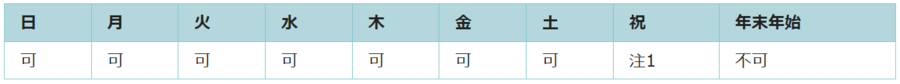 利用可能日は祝日と年末年始を除くすべての日です。なお、土曜日と日曜日に祝日が重なった場合は利用できます。