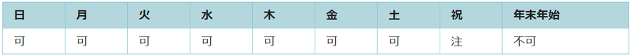 利用可能日は年末年始を除くすべての日です。祝日は使用できない日があります。