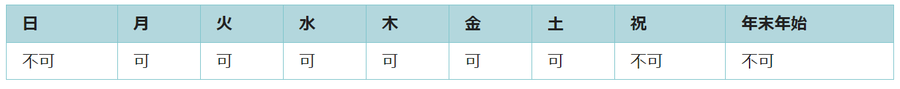 利用可能日は月曜日、火曜日、水曜日、木曜日、金曜日、土曜日です。祝日と年末年始は利用できません。