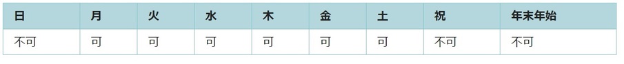 利用可能日は月曜日、火曜日、水曜日、木曜日、金曜日、土曜日です。祝日と年末年始は利用できません。