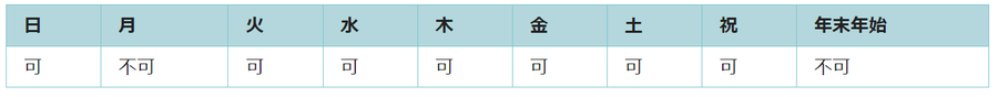 利用可能日は月曜日と年末年始を除くすべての日です。