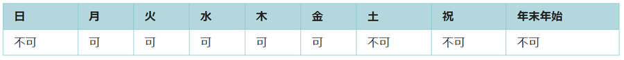 利用可能日は月曜日、火曜日、水曜日、木曜日、金曜日です。祝日と年末年始は利用できません。