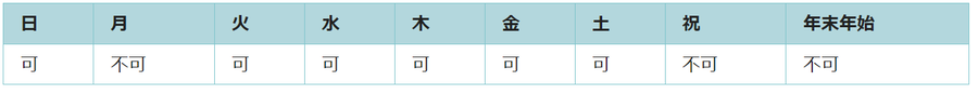 利用可能日は日曜日、火曜日、水曜日、木曜日、金曜日、土曜日です。月曜日、祝日、年末年始は利用できません。