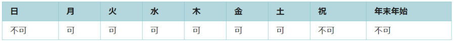 利用可能日は月曜日、火曜日、水曜日、木曜日、金曜日、土曜日です。祝日と年末年始は利用できません。