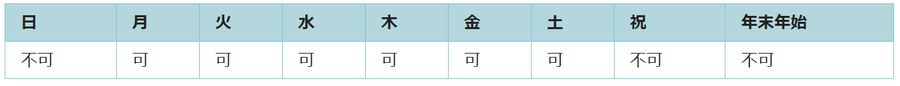 利用可能日は月曜日、火曜日、水曜日、木曜日、金曜日、土曜日です。祝日と年末年始は利用できません。