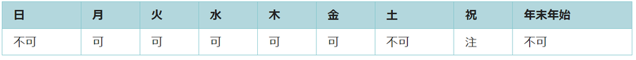 利用可能日は月曜日、火曜日、水曜日、木曜日、金曜日です。年末年始は利用できません。