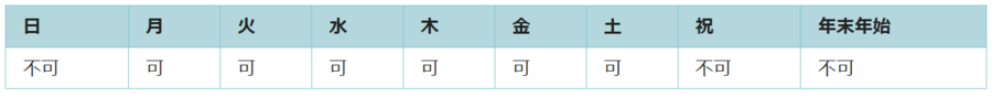 利用可能日は月曜日、火曜日、水曜日、木曜日、金曜日、土曜日です。祝日と年末年始は利用できません。