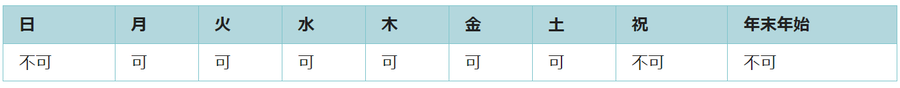 利用可能日は月曜日、火曜日、水曜日、木曜日、金曜日、土曜日です。祝日と年末年始は利用できません。