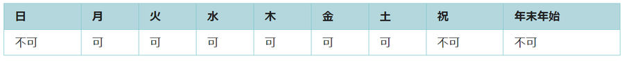 利用可能日は月曜日、火曜日、水曜日、木曜日、金曜日、土曜日です。祝日と年末年始は利用できません。