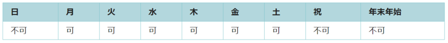 利用可能日は月曜日、火曜日、水曜日、木曜日、金曜日、土曜日です。祝日と年末年始は利用できません。