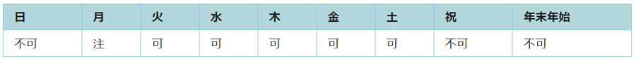 利用可能日は月曜日、火曜日、水曜日、木曜日、金曜日、土曜日です。祝日と年末年始は使用できません。