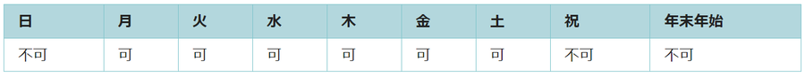 利用可能日は月曜日、火曜日、水曜日、木曜日、金曜日、土曜日です。祝日と年末年始は利用できません。