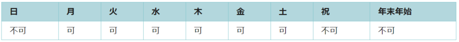 利用可能日は月曜日、火曜日、水曜日、木曜日、金曜日、土曜日です。祝日と年末年始は利用できません。