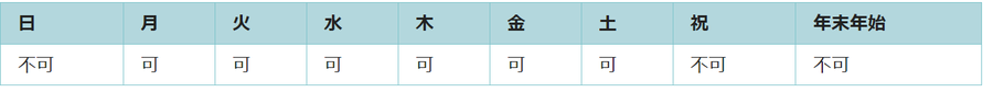 利用可能日は月曜日、火曜日、水曜日、木曜日、金曜日、土曜日です。日曜日と祝日、年末年始は利用できません。
