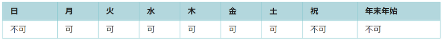 利用可能日は月曜日、火曜日、水曜日、木曜日、金曜日、土曜日です。祝日と年末年始は利用できません。