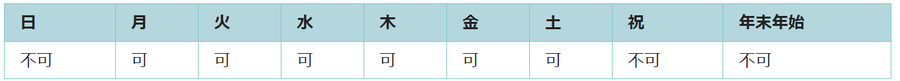 利用可能日は月曜日、火曜日、水曜日、木曜日、金曜日、土曜日です。祝日と年末年始は利用できません。