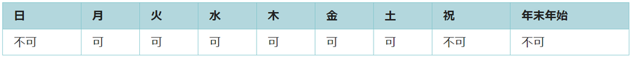 利用可能日は月曜日、火曜日、水曜日、木曜日、金曜日、土曜日です。祝日と年末年始は利用できません。