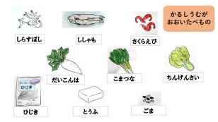 しらすぼし、ししゃも、さくらえび、大根、小松菜、青梗菜、ひじき、豆腐、ごまのイラスト
