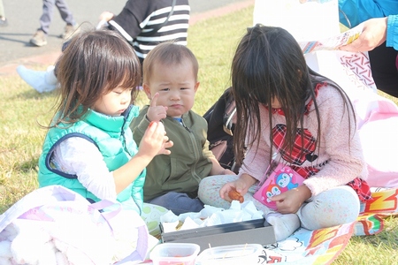 芝生にシートを敷いてお弁当を食べる子どもたちの姿