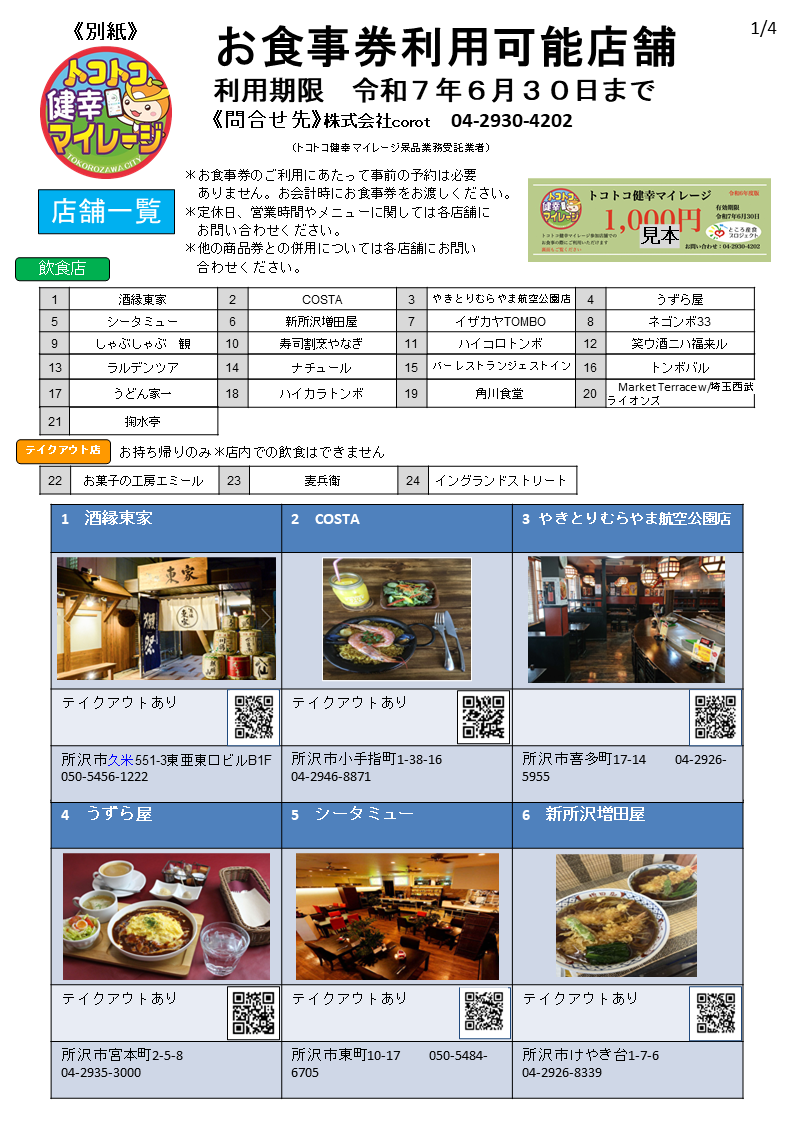 お食事券利用可能店舗一覧（1ページ目）