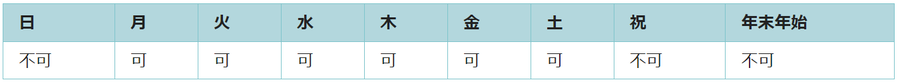 利用可能日は月曜日、火曜日、水曜日、木曜日、金曜日、土曜日です。祝日と年末年始は利用できません。