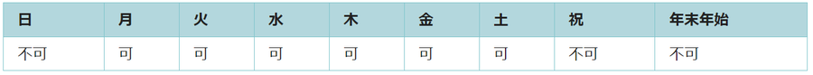 利用可能日は月曜日、火曜日、水曜日、木曜日、金曜日、土曜日です。祝日と年末年始は利用できません。