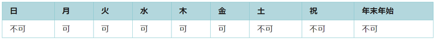 利用可能日は月曜日、火曜日、水曜日、木曜日、金曜日です。祝日と年末年始は利用できません。