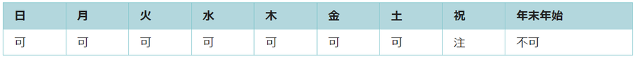 利用可能日は年末年始を除くすべての日です。祝日は使用できない日があります。