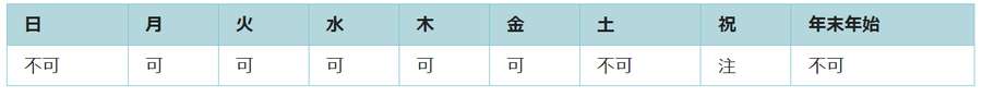 利用可能日は月曜日、火曜日、水曜日、木曜日、金曜日です。年末年始は利用できません。