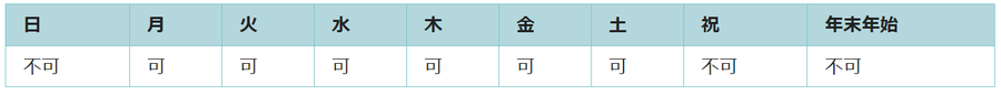 利用可能日は月曜日、火曜日、水曜日、木曜日、金曜日、土曜日です。祝日と年末年始は利用できません。
