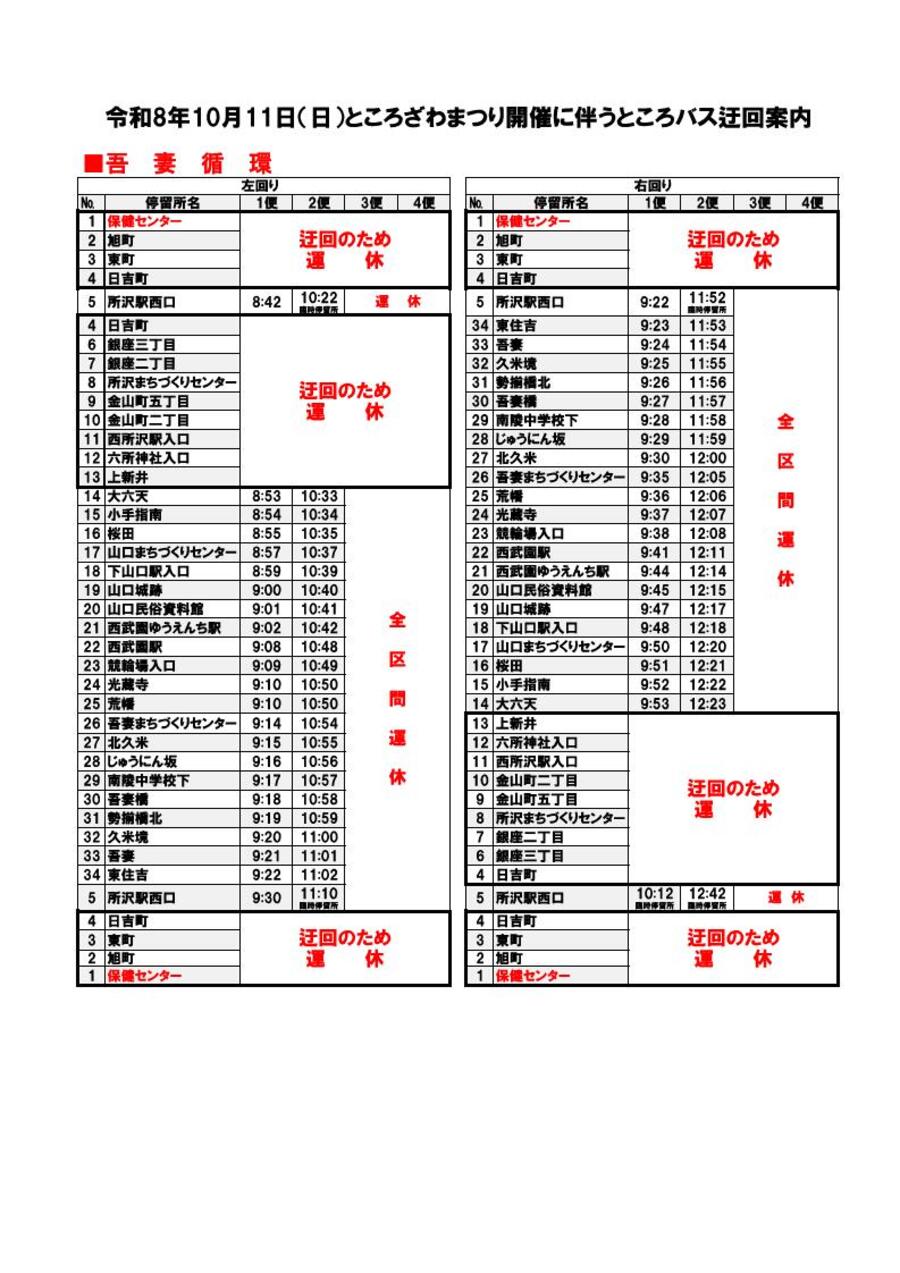 まつり当日の吾妻循環コースの時刻表