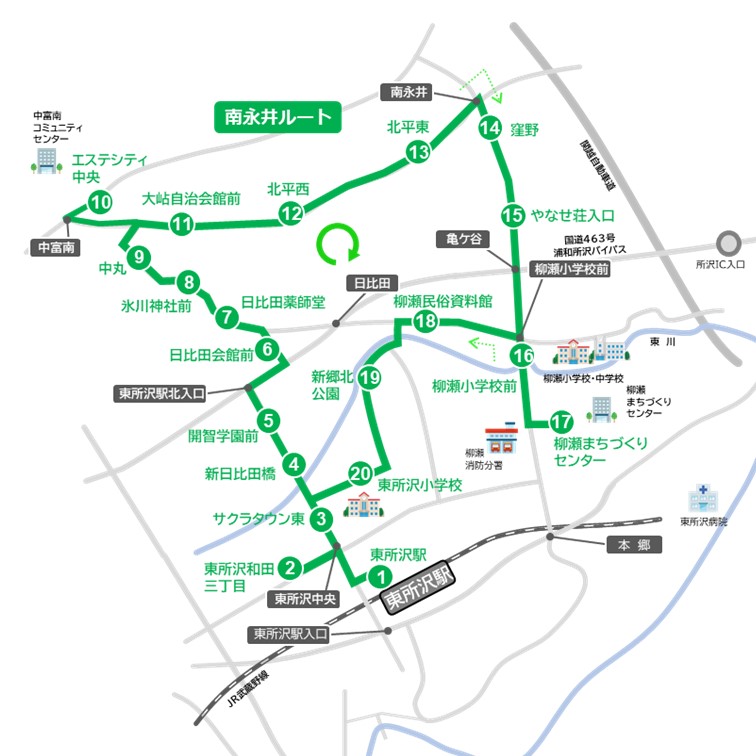 南永井ルートの路線図。令和8年3月1日から