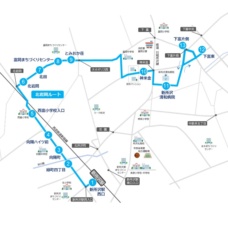 北岩岡ルートの路線図。令和8年3月1日から