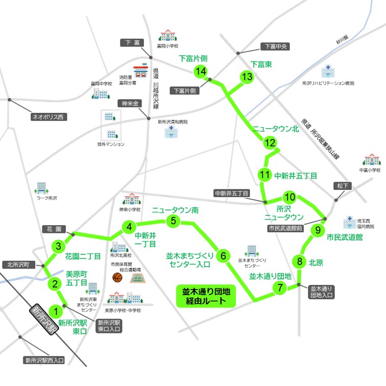 並木通り団地経由ルートの路線図。令和8年3月1日から