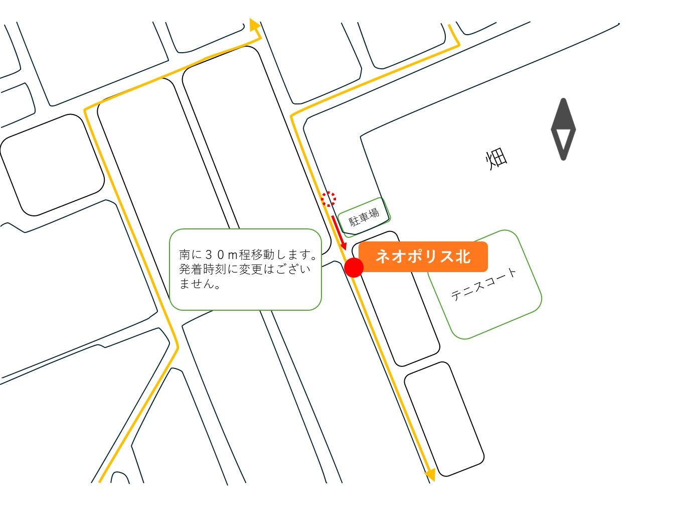 富岡地区ところワゴンネオポリスルート11番ネオポリス北停留所が現在の位置から同じ道路上を南方向に30ｍ程移動する図