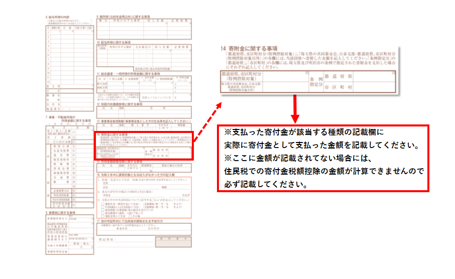 市県民税申告書の寄付金控除欄の見本