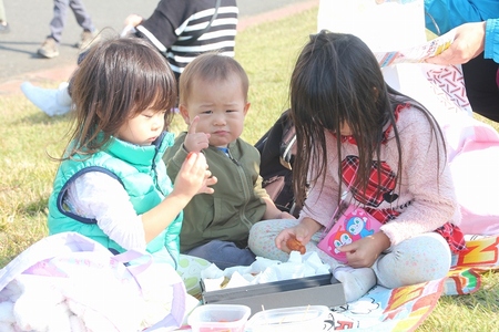 芝生にシートを敷いてお弁当を食べる子どもたちの姿